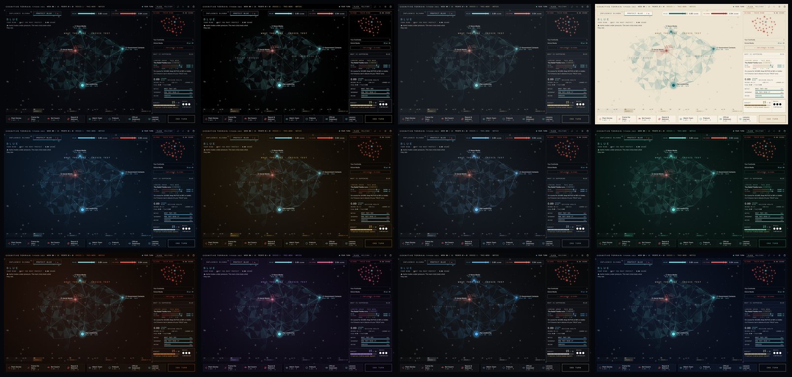 The same moment in the game in all twelve colour schemes.