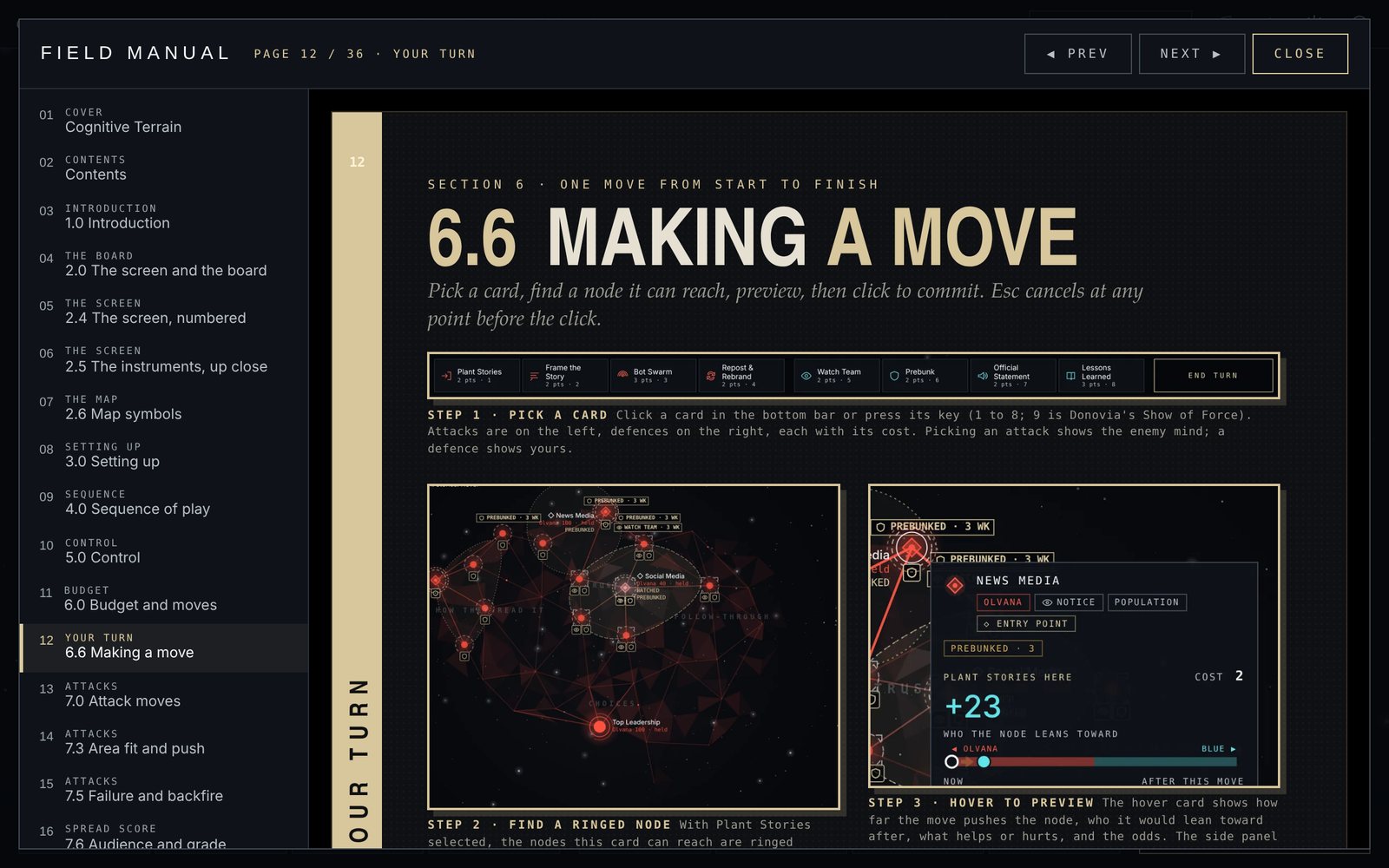 The in-game Guide showing Field Manual page 12, 6.6 Making a move, with the contents rail on the left.