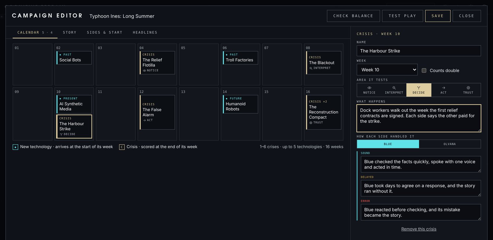The campaign editor: a sixteen-week calendar of crises and new technologies, setting fields, and a crisis being edited on the right.