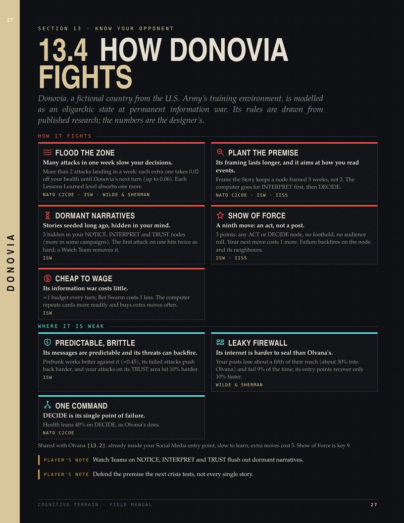 Field Manual page 27, 13.4 Donovia: its rules, where it is weak, and player's notes.