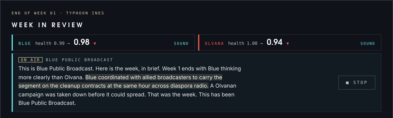 The week in review with an ON AIR strip at the top: Blue Public Broadcast's short report on the week, with the sentence being read highlighted like a caption.