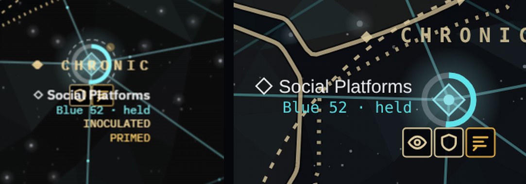 The same node before and after. Before: Social Platforms with a dashed ring, corner brackets and a dot, the area name CHRONIC crossing it, its name cut by a status icon and the words INOCULATED and PRIMED under it. After: the name and Blue 52 held beside the node, its gauge ring, one row of three status icons under it, and CHRONIC clear above.