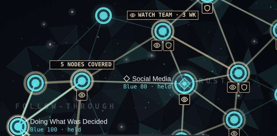 Part of Blue's mind with a Prebunk previewed: sand rings round five nodes joined by sand lines, labelled 5 nodes covered, beside a Watch Team already in place.