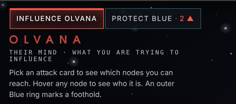 The two tabs at the top left: INFLUENCE OLVANA framed in red and selected, PROTECT BLUE · 2 framed in blue.