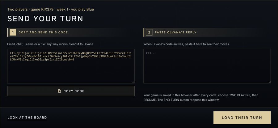 The turn-code window: your code with a copy button, and a box to paste your opponent's reply.
